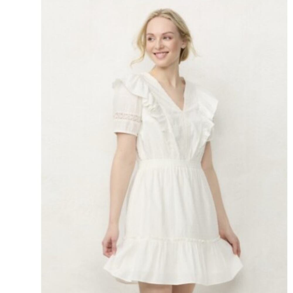 Lauren Conrad Cream Ruffle Mini Dress Cottagecore Romantic V Neck Sz M